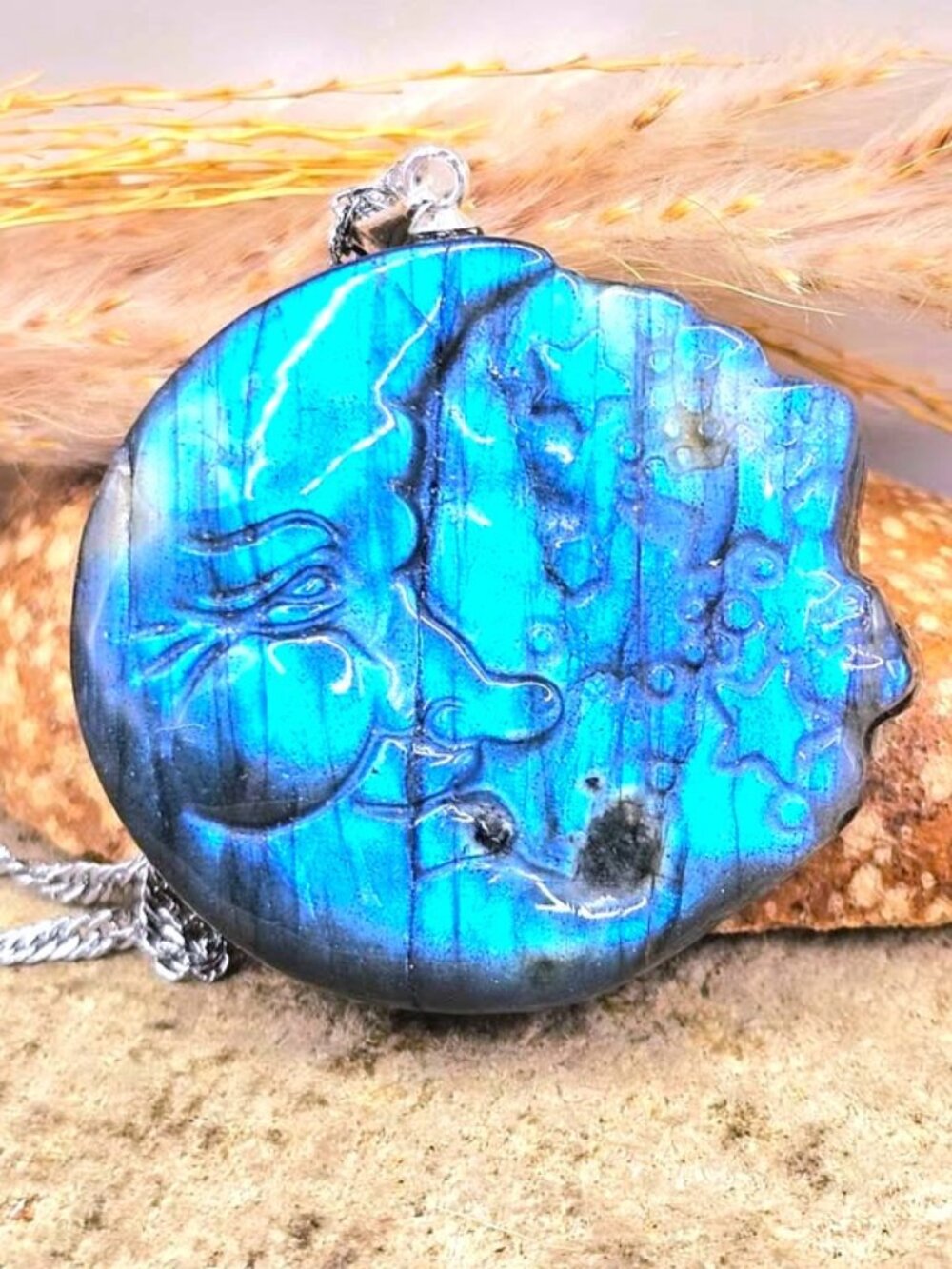 Labradorite Crescent Moon Carved Pendant Flashy Crystal Necklace 1.3 Inch